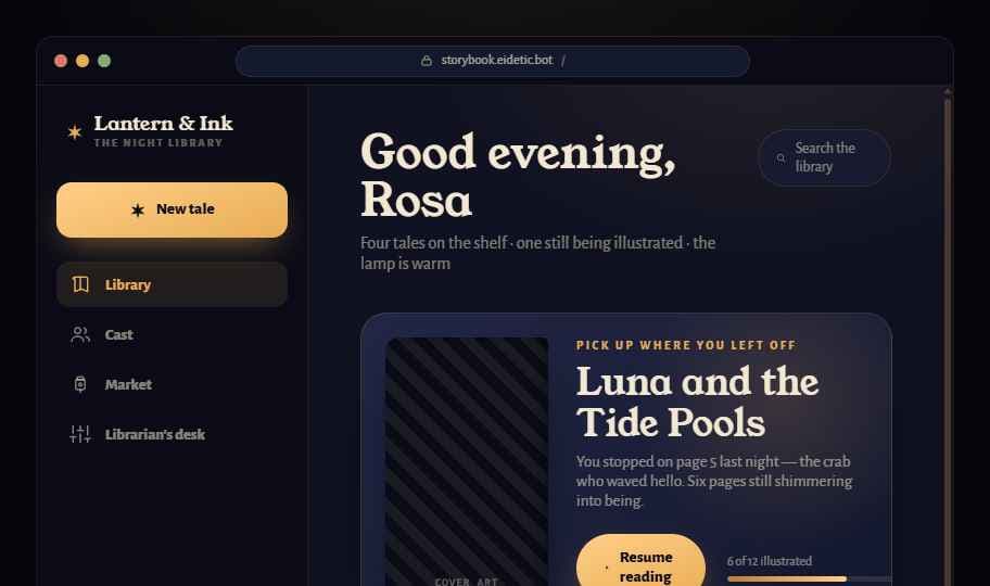 The Night Library desktop library with a continue-reading hero